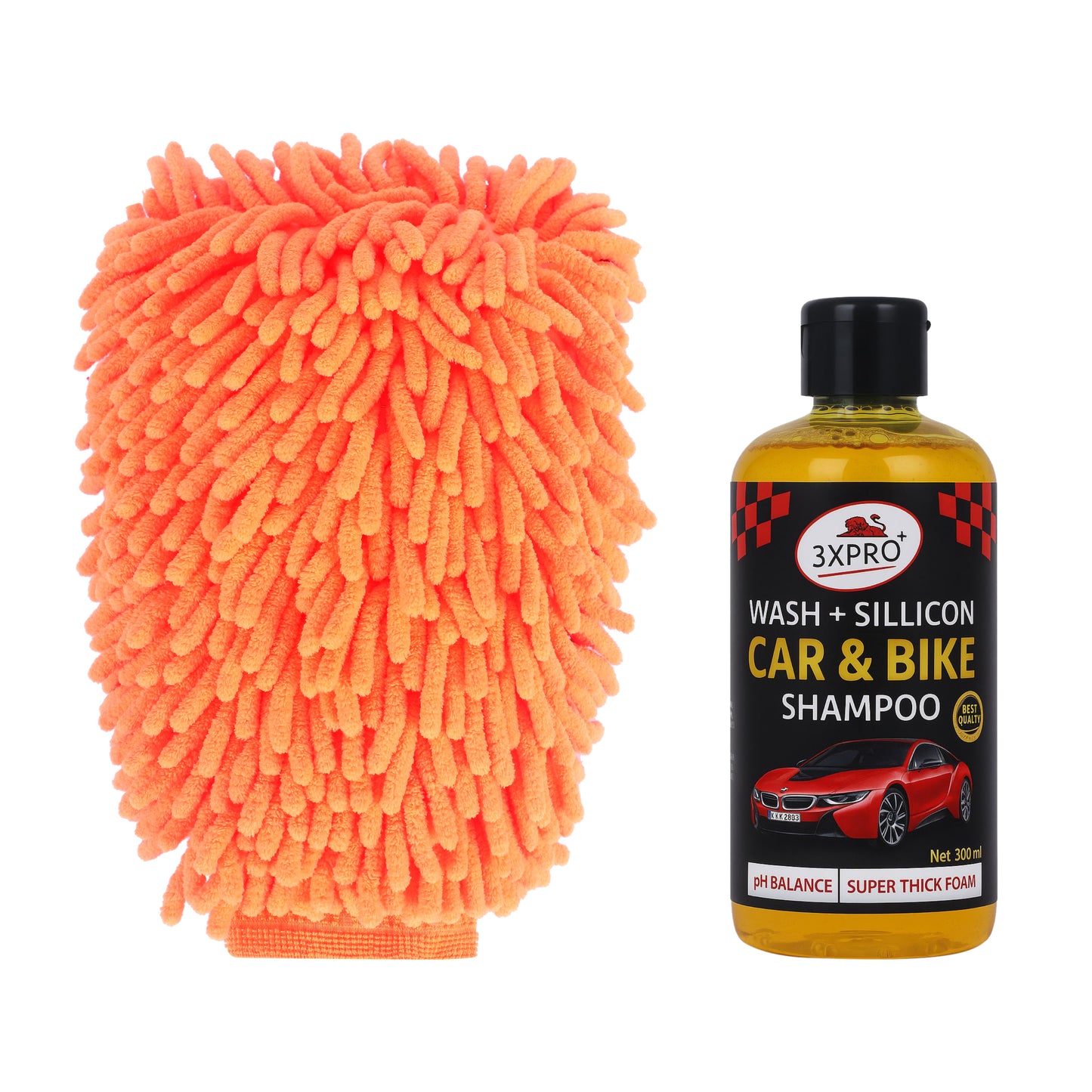3XPRO Wash+silicone Car & Bike Shampoo (300ml) + Microfiber Wash Mitt | Thick Foam, Silicon Shine & Scratch-Free Cleaning{COMBO}