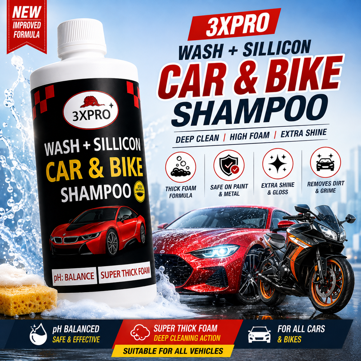 3XPRO Car wash Shampoo | High Foam for Deep Cleaning | Remove Tough Dirt |