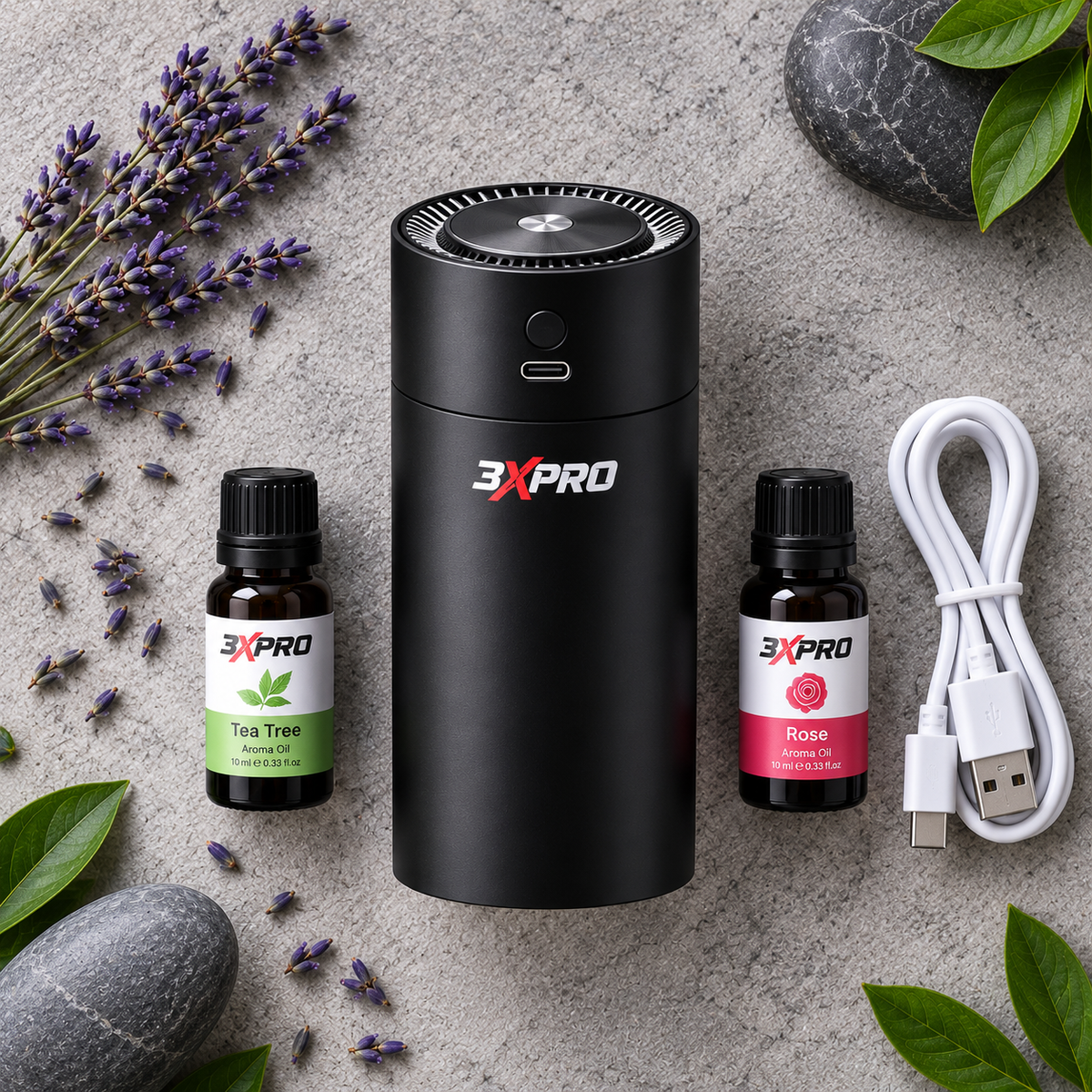 3XPRO Car Humidifier with 2 Aroma Oils, Portable USB Vehicle Humidifier with Fine Mist & Multicolor RGB Light, 1200mAh Rechargeable Mini Humidifier for Car