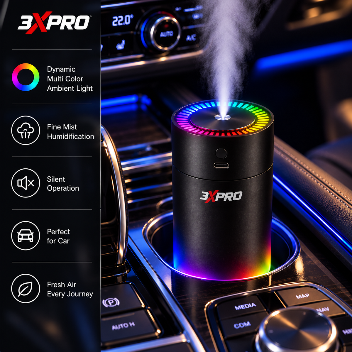 3XPRO Car Humidifier with 2 Aroma Oils, Portable USB Vehicle Humidifier with Fine Mist & Multicolor RGB Light, 1200mAh Rechargeable Mini Humidifier for Car
