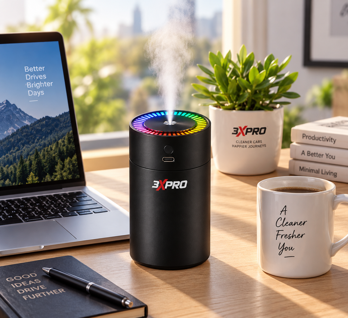 3XPRO Car Humidifier with 2 Aroma Oils, Portable USB Vehicle Humidifier with Fine Mist & Multicolor RGB Light, 1200mAh Rechargeable Mini Humidifier for Car