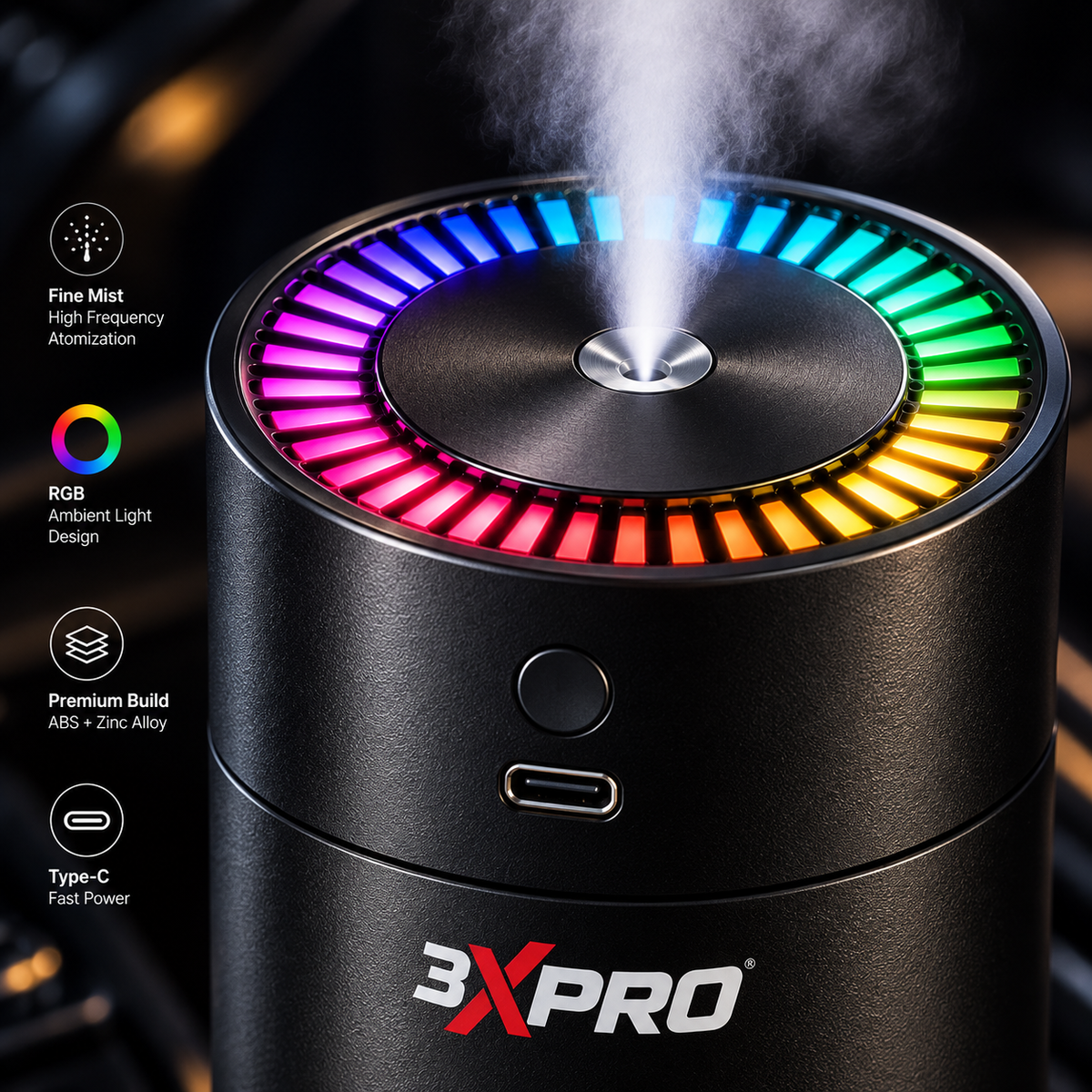 3XPRO Car Humidifier with 2 Aroma Oils, Portable USB Vehicle Humidifier with Fine Mist & Multicolor RGB Light, 1200mAh Rechargeable Mini Humidifier for Car