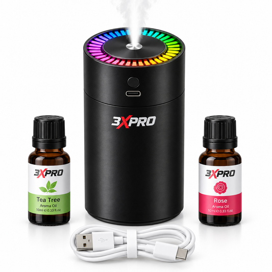 3XPRO Car Humidifier with 2 Aroma Oils, Portable USB Vehicle Humidifier with Fine Mist & Multicolor RGB Light, 1200mAh Rechargeable Mini Humidifier for Car
