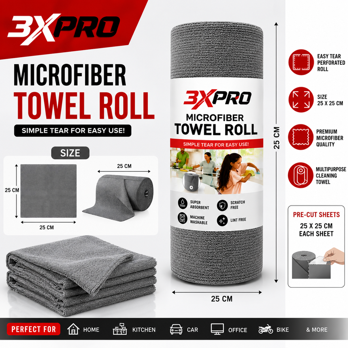 3XPRO Microfiber Towel Roll – Super Absorbent, Lint-Free & Scratch-Free Reusable Cleaning Sheets for Car, Home, Kitchen & Office | 25 × 25 CM Each Sheet | Easy Tear & Machine Washable