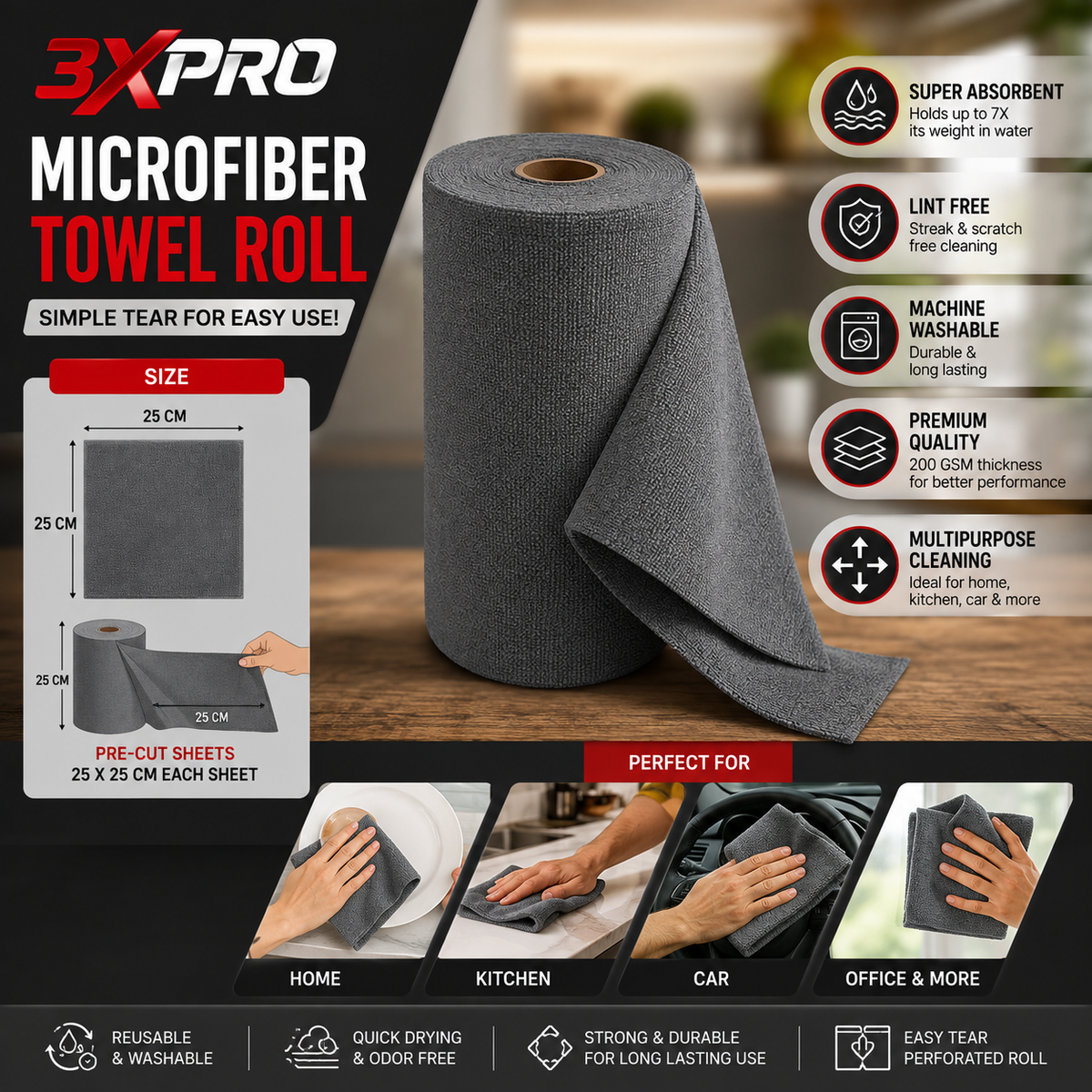 3XPRO Microfiber Towel Roll – Super Absorbent, Lint-Free & Scratch-Free Reusable Cleaning Sheets for Car, Home, Kitchen & Office | 25 × 25 CM Each Sheet | Easy Tear & Machine Washable