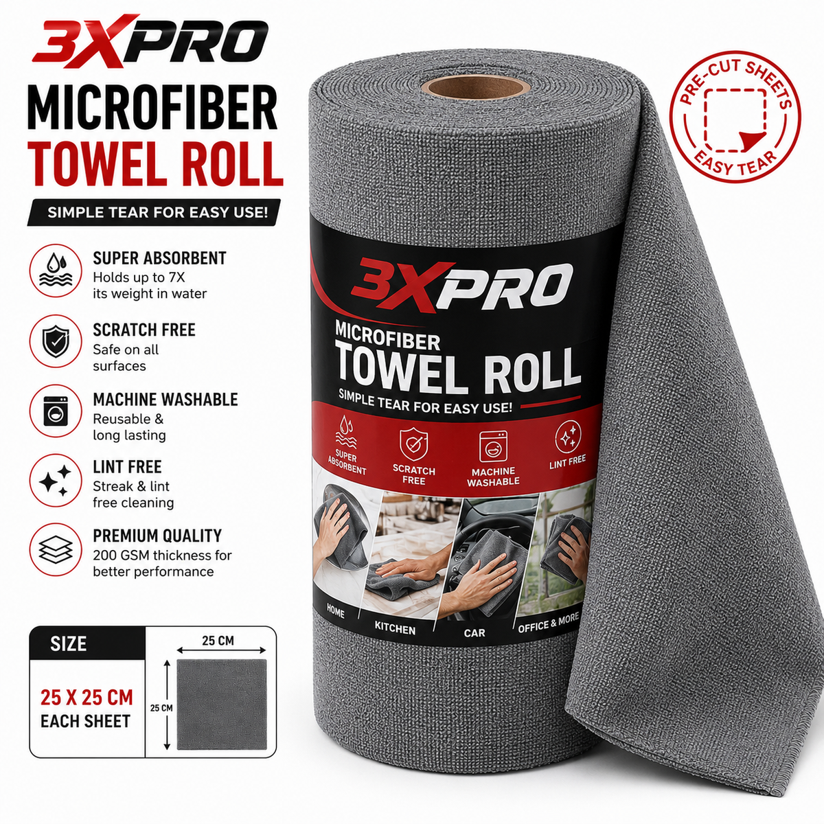 3XPRO Microfiber Towel Roll – Super Absorbent, Lint-Free & Scratch-Free Reusable Cleaning Sheets for Car, Home, Kitchen & Office | 25 × 25 CM Each Sheet | Easy Tear & Machine Washable