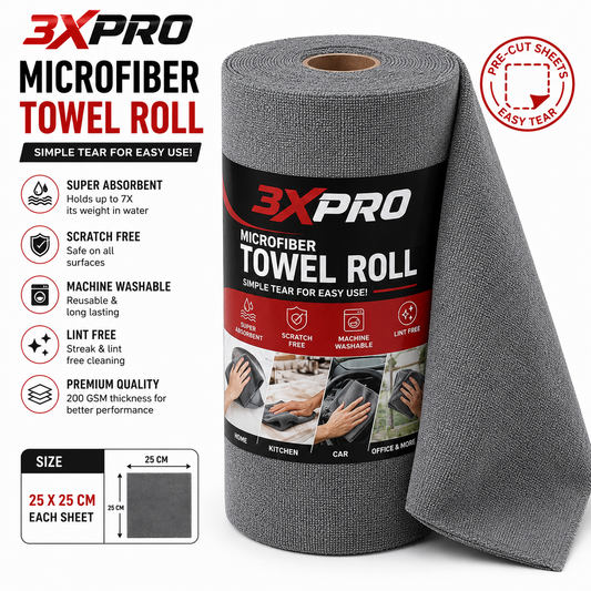 3XPRO Microfiber Towel Roll – Super Absorbent, Lint-Free & Scratch-Free Reusable Cleaning Sheets for Car, Home, Kitchen & Office | 25 × 25 CM Each Sheet | Easy Tear & Machine Washable