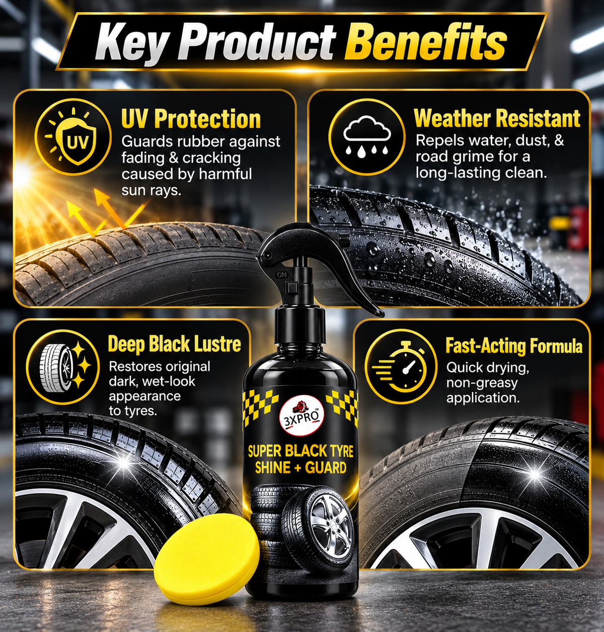 3XPRO Super Black Tyre Shine + Guard | Deep Black Gloss & Long-Lasting Protection