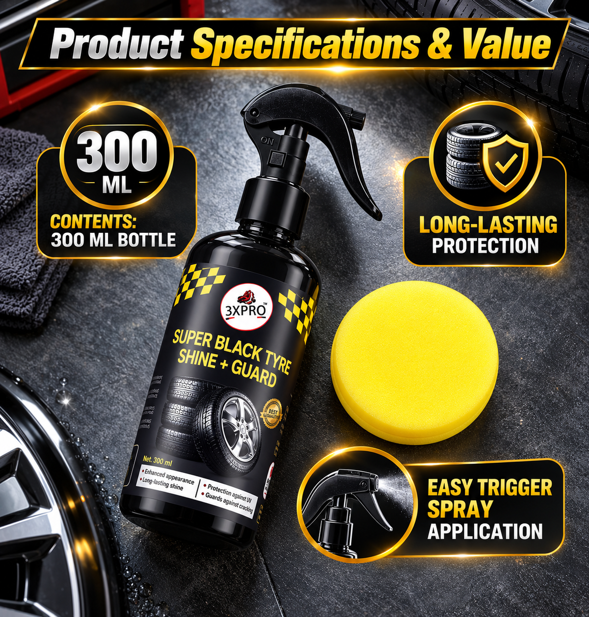 3XPRO Super Black Tyre Shine + Guard | Deep Black Gloss & Long-Lasting Protection